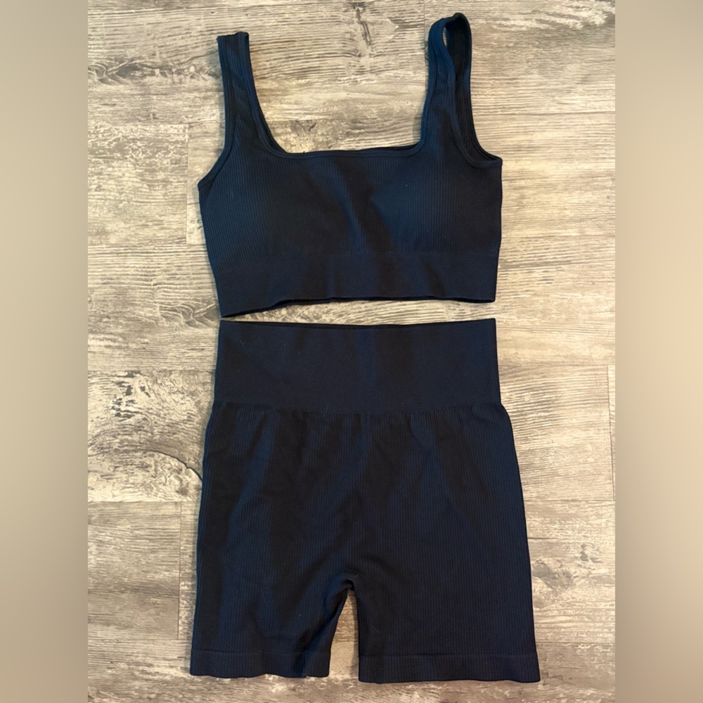 Women's Ribbed Black Short Set